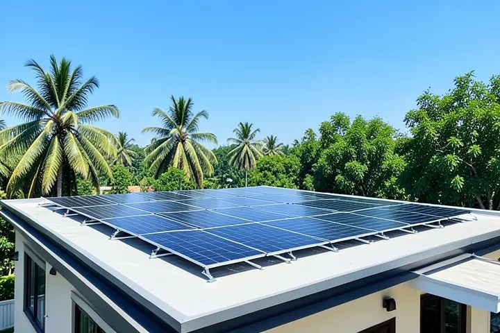 Fifteen solar panels in rows on the flat roof of a villa among palm trees