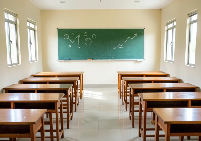 An empty classroom with rows of wooden desks facing a green chalkboard