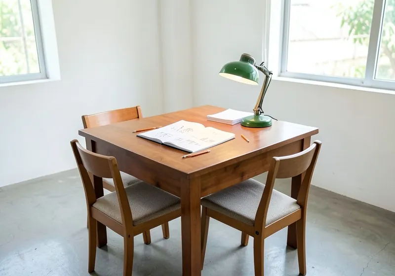 A quiet study desk with an open notebook of graph sketches, pencils and a lamp