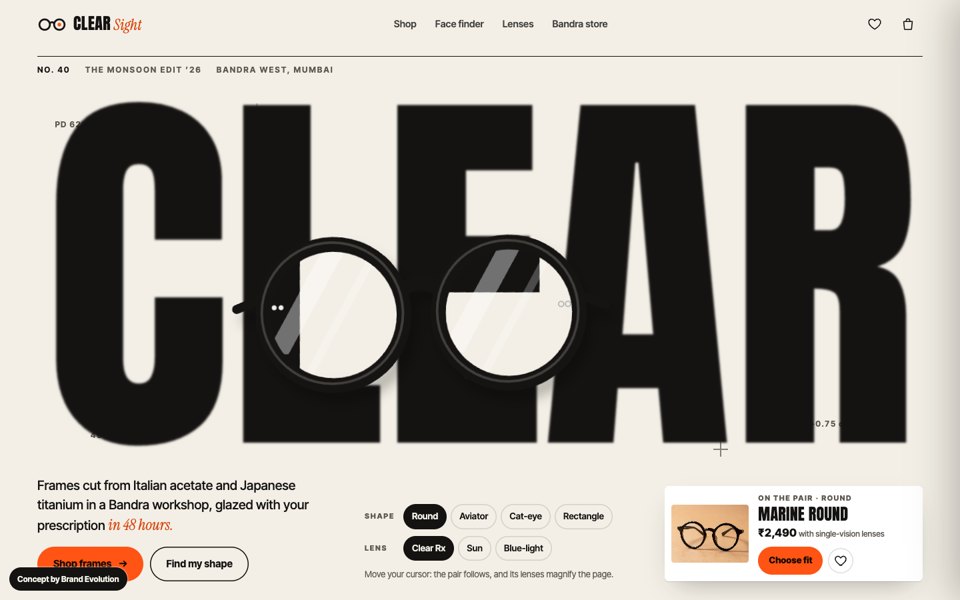 Clear Sight Eyewear concept homepage
