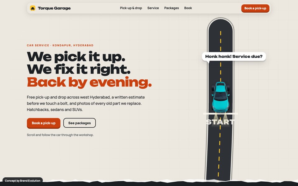 Torque Garage concept homepage