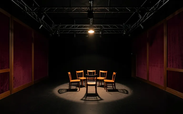 The Black Box studio, black walls and a circle of chairs under one spotlight