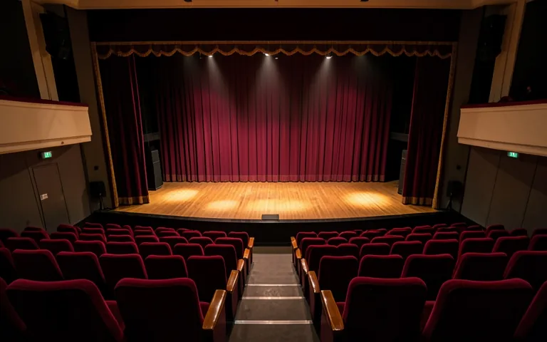 The empty Main Hall seen from the back row, red velvet seats raked down to the lit stage