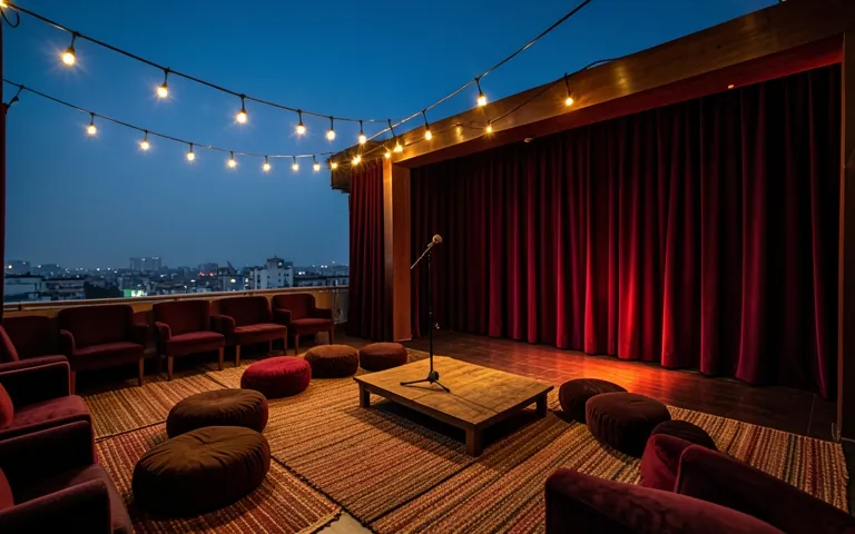 The Rooftop Lounge at dusk with floor rugs, cushions and fairy lights